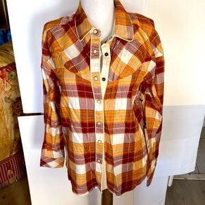 Western style plaid mustard burnt orange cream snaps 100 rayon brand new